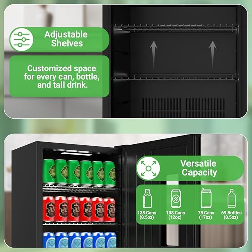 Nutrichef Beer Fridge 108 Can Capacity | Freestanding Beverage Refrigerator with Glass Door for Beer & Soda | Adjustable Temperature 21°F to 64°F | Adjustable Shelves | 19 x 17 x 33 IN | Black