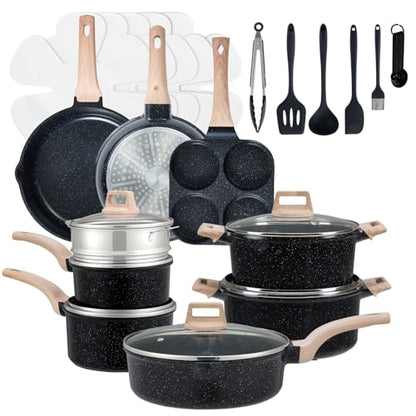 Sweetcrispy Pots and Pans Set, 25 Pcs Nonstick Kitchen Cookware Set, Induction Kitchen Cooking Set, Non-Toxic Frying Pans & Saucepans (PFOA/PFOS Free) Black