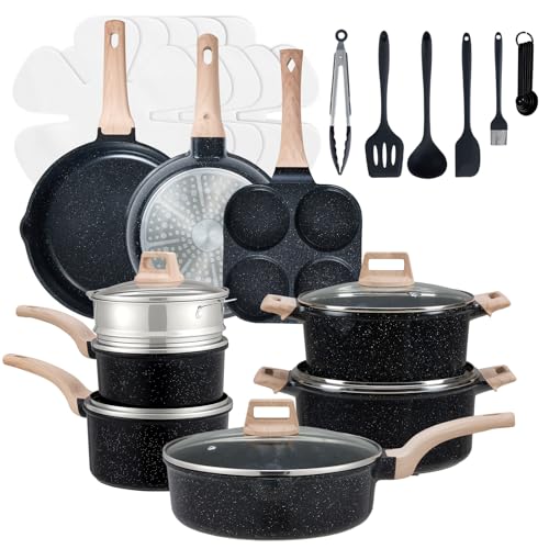 NEWBULIG 25-Piece Nonstick Cookware Set, Granite Pots and Pans with Lids, Induction Compatible Nonstick Cooking Set with Frying Pans & Saucepans, Black