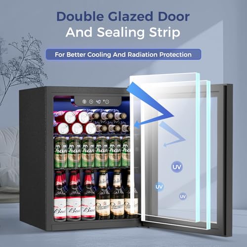Feelfunn 1.7 Cu.Ft Beverage Refrigerator Cooler - 68 Can Mini Fridge Glass Door for Drink Soda Beer Wine - Small Refrigerator for Bedroom Office Home Dorm Bar, Black
