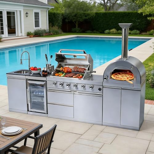 112-Inch Stainless Steel Outdoor Kitchen Island, Natural Gas BBQ Grill with Standalone Side Burner Pizza Oven, Rotisserie, Refrigerator, Granite Countertop, Storage Cabinets & Drawers 108000 BTU