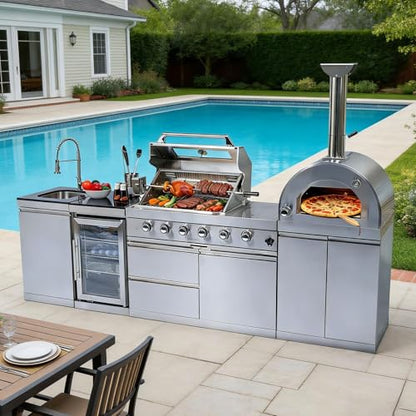 112-Inch Stainless Steel Outdoor Kitchen Island, Natural Gas BBQ Grill with Standalone Side Burner Pizza Oven, Rotisserie, Refrigerator, Granite Countertop, Storage Cabinets & Drawers 108000 BTU