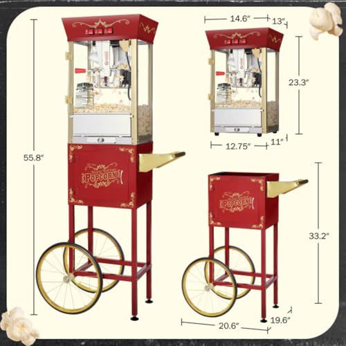 Matinee Popcorn Machine with Cart - 8oz Popper with Stainless-Steel Kettle, Warming Light, and Accessories by Great Northern Popcorn (Red)