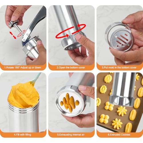 Stainless Steel Cookies Press, Cookies Press for Baking,Cookie Press Gun Kit with 20 Cookie Discs and 8 Piping Tips for DIY cake Maker Decorating Baking Supplies