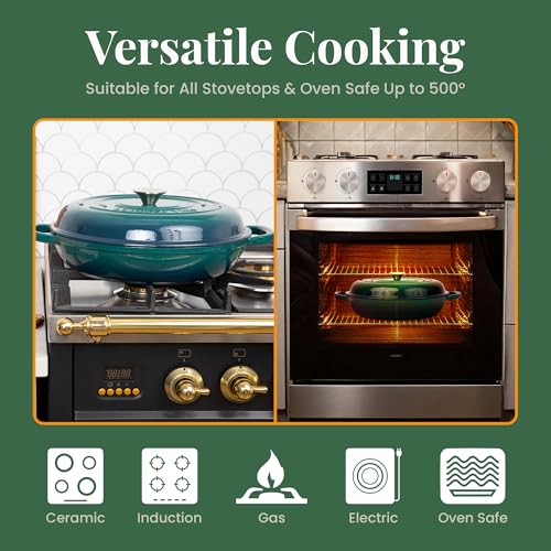 Larder & Vine Enameled Cast Iron Braiser | 3.6 qt Braiser Pan with Lid | Shallow Dutch Oven Compatible on All Cooktops | Casserole Dish Oven Safe to 500° F | Dual Handles | Bondi