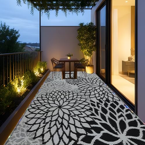 YONILE Outdoor Rug 8x10 ft with LED Light, Waterproof Reversible Outdoor Plastic Straw Rug for Patios Clearance, Large Outdoor Area Rug Carpet RV Mat for Camping Backyard Deck Porch Beach