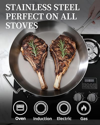 Bzayeat 14-Inch Tri-Ply Stainless Steel Frying Pan with Lid & Detachable Handle - Induction Compatible Skillet, Oven & Dishwasher Safe, Ideal for Frying, Sautéing & Simmering