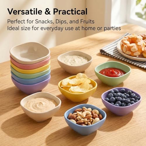 SHECIPIN 6 Pack Small Plastic Bowls 4.5 OZ Unbreakable Wheat Straw Dipping Bowls，plastic ramekins, Assorted Colors Dipping Sauce Cups, dip cups， Dessert, Ketchup