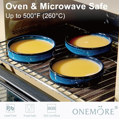 ONEMORE 4 oz Ramekins Oven Safe, Ceramic Ramekins for Creme Brulee, Custard, Pudding, Souffle, Blue Shallow Ramekin Dishes, Small Porcelain Ramekin Set of 6 for Baking & Serving