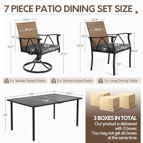Andehomy 7-Piece Patio Dining Set for 6, Outdoor Dining Set with Wicker Swivel Patio Dining Chairs with Cushions & Black Rectangular Woodgrain Dining Table with 1.75”Umbrella Hole, Black & Brown