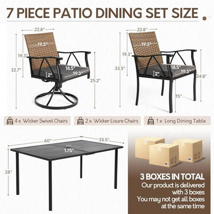 Andehomy 7-Piece Patio Dining Set for 6, Outdoor Dining Set with Wicker Swivel Patio Dining Chairs with Cushions & Black Rectangular Woodgrain Dining Table with 1.75”Umbrella Hole, Black & Brown