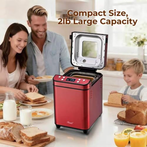 Rosewill 25-in-1 Automatic Bread Maker Machine with 3 Loaf Size up to 2LB, 700W High Power Dual Heater Bread Maker with BPA-free Nonstick Coating Pan, Max 15 Hours Delay Timer, Low Noise - Red Velvet