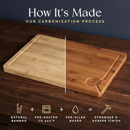 Pre-Oiled, Non Toxic 3-Piece Carbonized Bamboo Cutting Board Set, Eco-Friendly Wooden Chopping Boards for Kitchen with Hanging Hole, 500°F Carbonized Technology Charcuterie Serving Boards Deer & Oak