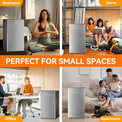 Frestec 3.2 Cu. Ft. Mini Fridge with Freezer Small Refrigerator, for Bedroom, Single Door, Energy Saving, Low Noise,for Office (Grey)