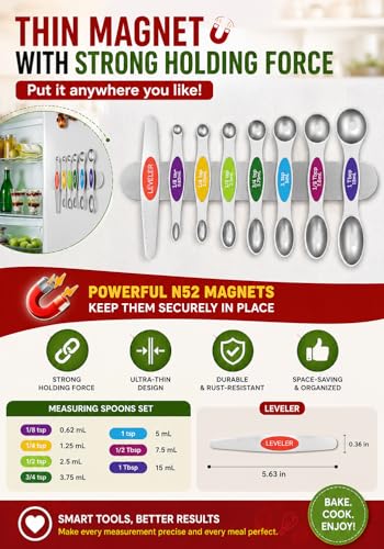 Premium Magnetic Measuring Spoons Set|Strong N52 Magnets|Heavy Duty Stainless Steel|Dual-Sided for Spice Jar & Liquid Measuring|Dishwasher Safe|7 Spoons with Leveler for Baking & Cooking (Colorful)