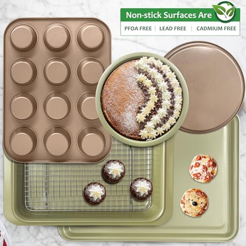 BETTERBEAUTY Nonstick Bakeware Set 10 Pcs, Professional Kitchen Bicolor Baking Pans Set with Cookie Sheets, Muffin Pan, Loaf Pan, Cake Pan and Cooling Rack, Dishwasher Safe, 0.8mm Thick, Heavy Duty