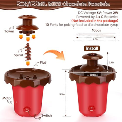 5oz Mini Chocolate Fountain with 10Forks,2-Tier Mini Chocolate Dipping Machine for Use with Chocolate Syrup Only, fit for Parties,Daily Use, Powered by 4 x C Batteries(Not Included) (Red)