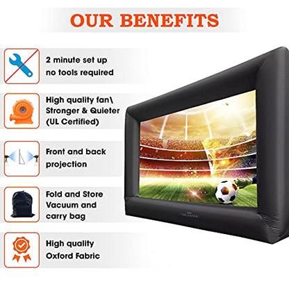 Talvania 12 Feet Inflatable Projector Screen for Outdoor and Indoor TV Movie Watching Blower, Tie Downs, Stakes, Sandbags, and Storage Bag + Step-by-Step Guide, Quick Blow Up (Black)
