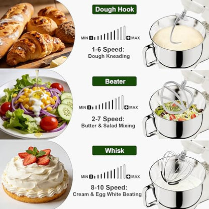 Camic Electric Stand Mixer,7.45 QT,10 Speeds with Dough Hook,Whisk, Flat Beater Attachments, Splash Guard, Easy-Carry Top Handle,3-IN-1 Kitchen Mixer for Baking Cakes Cookie Bread Salad (White)