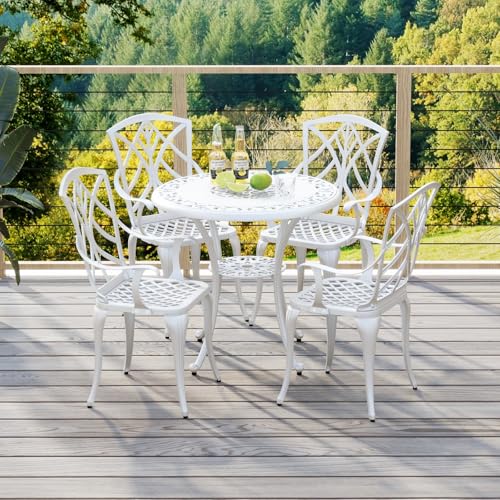 Tangkula 5 Pieces Cast Aluminum Outdoor Dining Set, Round Dining Table with 2” Umbrella Hole & 4 Armchairs, All-Weather Outdoor Furniture Set for Patio, Balcony, Garden & Backyard, White
