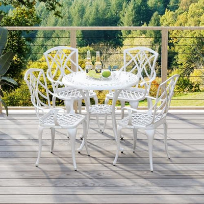 Tangkula 5 Pieces Cast Aluminum Outdoor Dining Set, Round Dining Table with 2” Umbrella Hole & 4 Armchairs, All-Weather Outdoor Furniture Set for Patio, Balcony, Garden & Backyard, White