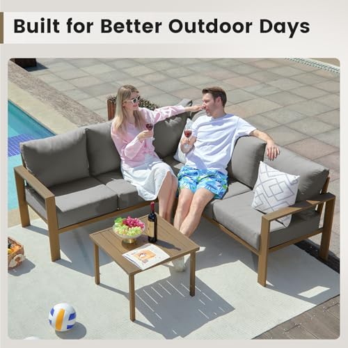 UDPATIO 6 Piece Patio Furniture Set, Faux Wood Metal Outdoor Sectional Sofa with 6" Thick Olefin Cushions, Wide Armrest & Coffee Table, L Shaped Outdoor Furniture for Garden, Backyard Dark Grey