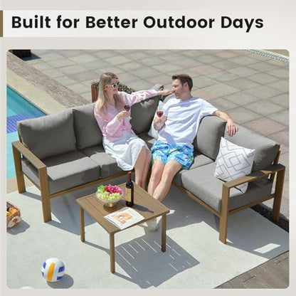 UDPATIO 6 Piece Patio Furniture Set, Faux Wood Metal Outdoor Sectional Sofa with 6" Thick Olefin Cushions, Wide Armrest & Coffee Table, L Shaped Outdoor Furniture for Garden, Backyard Dark Grey
