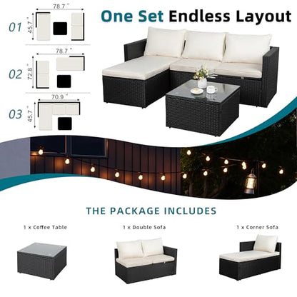 SUNLEI Patio Furniture Set with Detachable Soft Cushions, Outdoor PE Rattan Patio Conversation Sofa Set, 3-Piece Patio Sectional Sofa with Glass Coffee Table (Black Rattan&White)