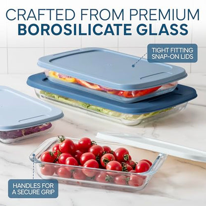 COOK WITH COLOR 8-Piece Deep Glass Baking Dish Set with Plastic Lids – Casserole and Food Storage Containers for Lasagna, Leftovers – Freezer-to-Oven, Microwave & Dishwasher Safe, Blue