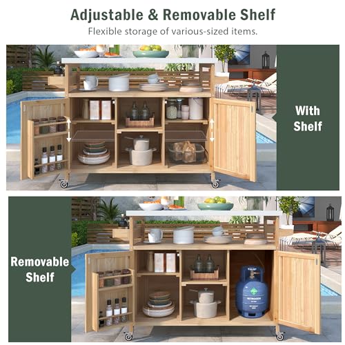 YOPTO Outdoor Kitchen Island,Rolling Bar Cart & Storage Cabinet,Solid Wood Outdoor Grill Table W/Stainless Steel Work Top,Spice Rack & Towel Rack,Easy to Clean for Kitchen,Poolside,Patio,BBQ,Natural