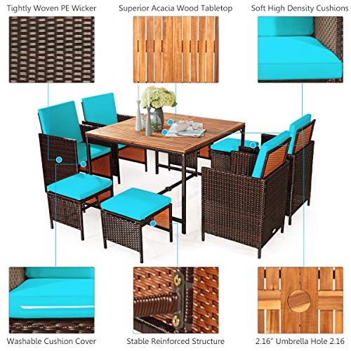 Tangkula 9 Pieces Acacia Wood Patio Dining Set, Space Saving Wicker Chairs and Wood Table with Umbrella Hole Outdoor Furniture Set, Suitable for Garden, Yard, Poolside, Outdoor Seating Set