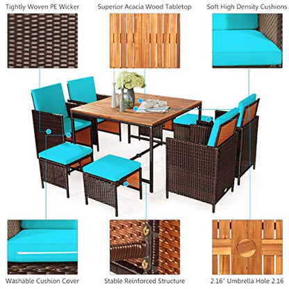 Tangkula 9 Pieces Acacia Wood Patio Dining Set, Space Saving Wicker Chairs and Wood Table with Umbrella Hole Outdoor Furniture Set, Suitable for Garden, Yard, Poolside, Outdoor Seating Set