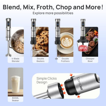 Consciot 5-in-1 Immersion Blender Handheld Max 1100W, 21-Speed & Turbo Mode