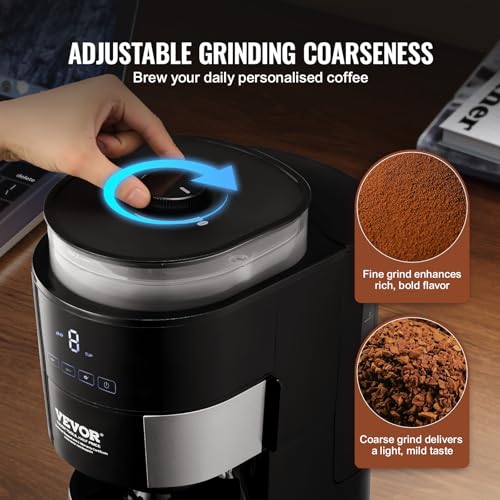 VEVOR Coffee Maker with Grinder, 8 Cup Programmable Coffee Machine, Grind and Brew Coffee Maker with 3 Brew Strength Control, Reusable Filter, Removable Water Tank, for Home Office Restaurant