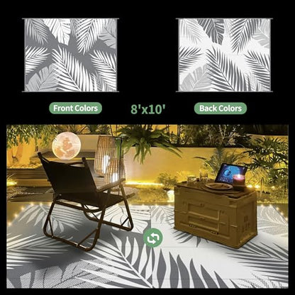GENIMO Outdoor Rug 8' x 10' Waterproof for Patios Clearance, Reversible Outdoor Plastic Straw Camping Rug Carpet with LED String Light, Area Rugs Mats for RV, Camper, Deck, Balcony, Porch, Grey&White
