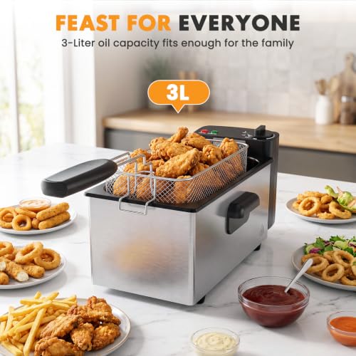 NEWBULIG Deep Fryer with Basket, 3 Liter Electric Deep Fryer with 1500W Power, Adjustable Temperature, Lid with Viewing Window for Fried Chicken, Shrimp, French Fries, Silver