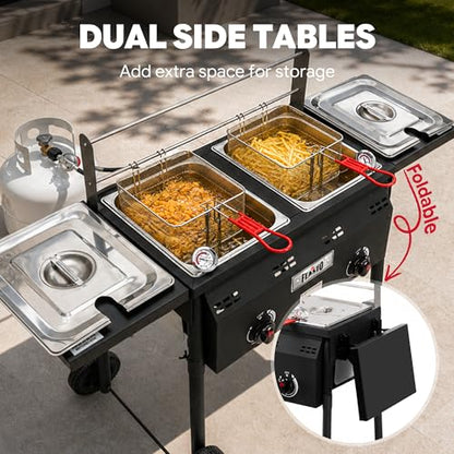 Feasto Outdoor Propane Deep Fryer with Rolling Cart, Dual Tank Fish Fryer with 2 Independent Burners, 100,000 BTU, 4-Gal Oil Capacity, Frying Station with Baskets for Fish, Fries & Chicken
