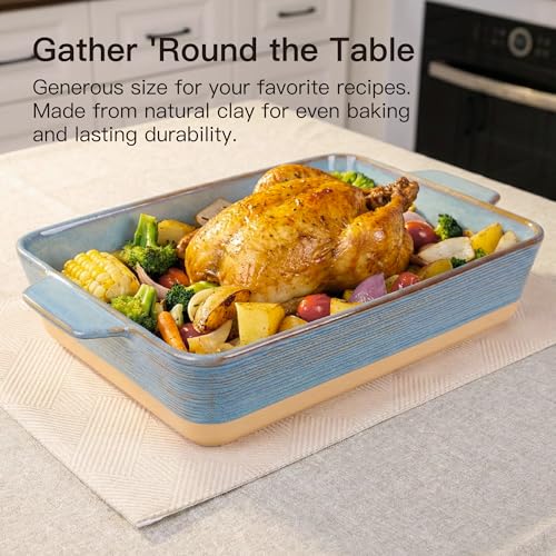 Dafuceramic Casserole Dish for Oven, 4.2 QT Baking Dish, 9x13 Large Porcelain Baking Pan, Durable Rectangular Lasagna Pan Deep with Handles, Microwave Oven Safe, Home Decor, Wedding Gift, (Khaki & Blue)