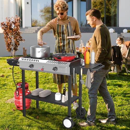 Bonnlo 2 Burner Propane Gas Burner with Auto Ignition, 150000 BTU Camping Stove with Storage Shelf and Rolling Wheels, Portable Outdoor Cooker for Patio Backyard Cooking Frying Boiling and Stewing