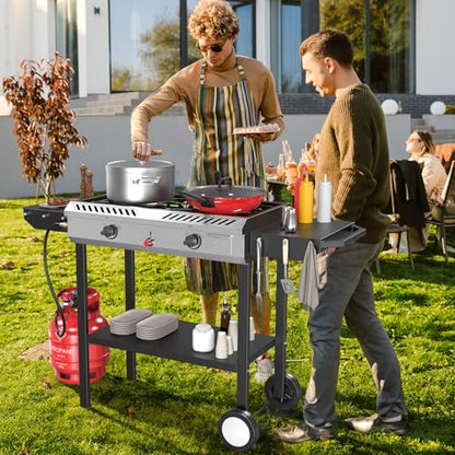 Bonnlo 2 Burner Propane Gas Burner with Auto Ignition, 150000 BTU Camping Stove with Storage Shelf and Rolling Wheels, Portable Outdoor Cooker for Patio Backyard Cooking Frying Boiling and Stewing
