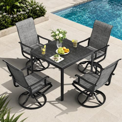 Pamapic 5-Piece Outdoor Dining Set, All Weather Patio Table and Chairs Set with Umbrella Hole, Wood-Like Metal Table and 4 360° Swivel Textilene Chairs for Backyard, Poolside, Deck, Porch, Grey