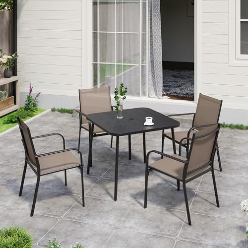 LAUSAINT HOME 5 Pieces Outdoor Dining Set, Patio Furniture Set of 4 Textilene Chairs with Square Metal Slatted Table with Umbrella Hole, Outdoor Table and Chairs Set for Backyard, Garden, and Poolside