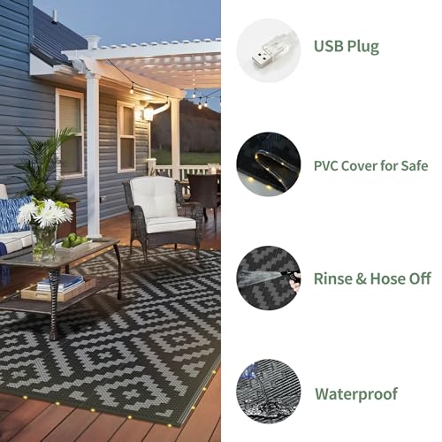 GENIMO Outdoor Rug with LED Strip Lights, 6'x9' Waterproof Camping Mat, Reversible Plastic Straw Rugs for Patio, RV, Camper, Balcony, Backyard, Picnic, Deck, Black & Gray
