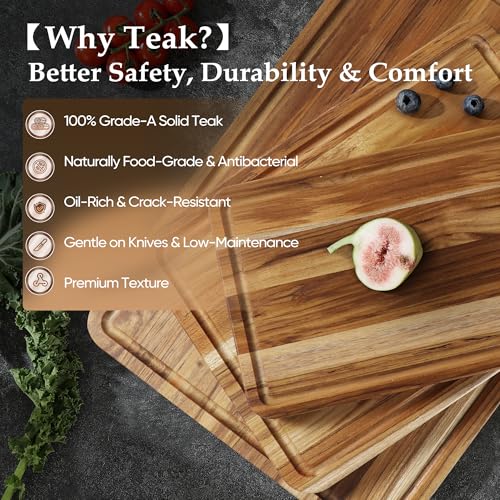 3 Pack Teak Cutting Board Set for Kitchen Wood Charcuterie Board with Juice Groove Wooden Cutting Boards Non Toxic Heavy Duty Slip Over Sink Solid Thick Chopping Board FSC