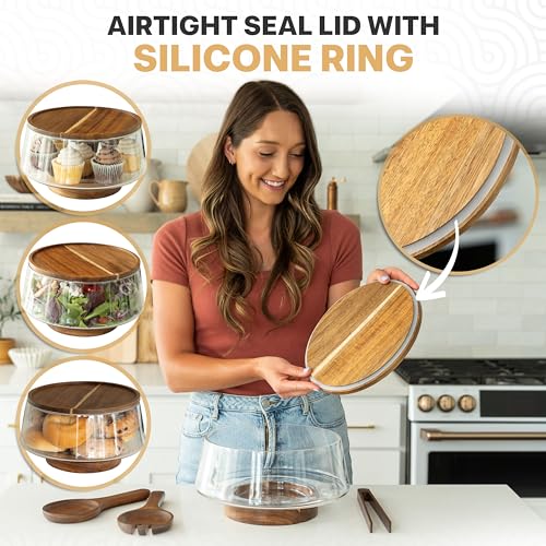 Oria Cook Large Glass Salad Bowl with Lid Set, 5.7 L Decorative Glass Mixing Bowl, Trifle and Serving Bowls with Lids as Cheese Charcuterie Board and Plate, Comes with Wood Serving Utensils