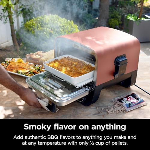 Ninja Woodfire Outdoor Pizza Oven, 5-in-1 Portable Electric Roaster Oven, Heats up to 700°F, 5 Artisan Pizza Settings, Integrated BBQ Smoker Box, Includes Flavored Wood Pellets, Terracotta Red
