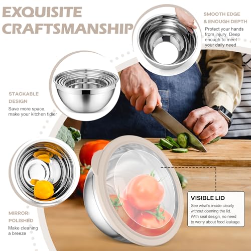 E-far Stainless Steel Mixing Bowls with Airtight Clear Lids Set of 7, Metal Nesting Bowls for Kitchen Prep, Baking, Cooking, Serving, Salad, Dishwasher Safe, Size 4.6, 3.5, 3, 2, 1.5, 1, 0.7QT, Khaki