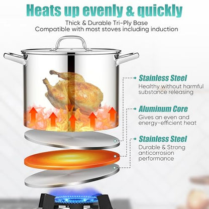 E-far 14 Quart Stainless Steel Stock Pot, Heavy Duty Induction Stockpot with Glass Lid for Cooking Soup Canning, Thick Tri-Ply Bottom & Riveted Handles, Compatible with All Stoves, Dishwasher Safe