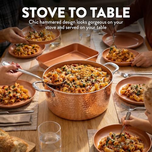 Gotham Steel Hammered 24 Pc Ceramic Cookware Set Nonstick, Induction Ceramic Pots and Pans Set Non Stick with Deep Square Pan Set & Bakeware Set, Non Toxic PFOA PFOS Free, Oven & Dishwasher Safe
