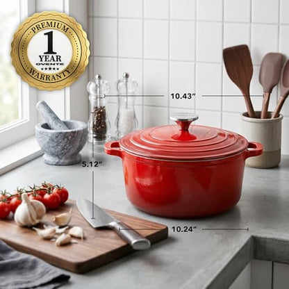 OVENTE Dutch Oven Pot with Lid, 4.6 Quart Aluminum Non-Stick Coated Cookware for Sourdough Bread Baking, Braising, Cooking Soups and More, Oven and Dishwasher Safe, Works on All Stovetops, Red DOA546R